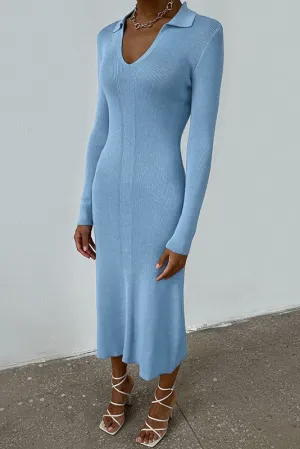 Light Sky Blue Long Sleeve V-Neck Dress