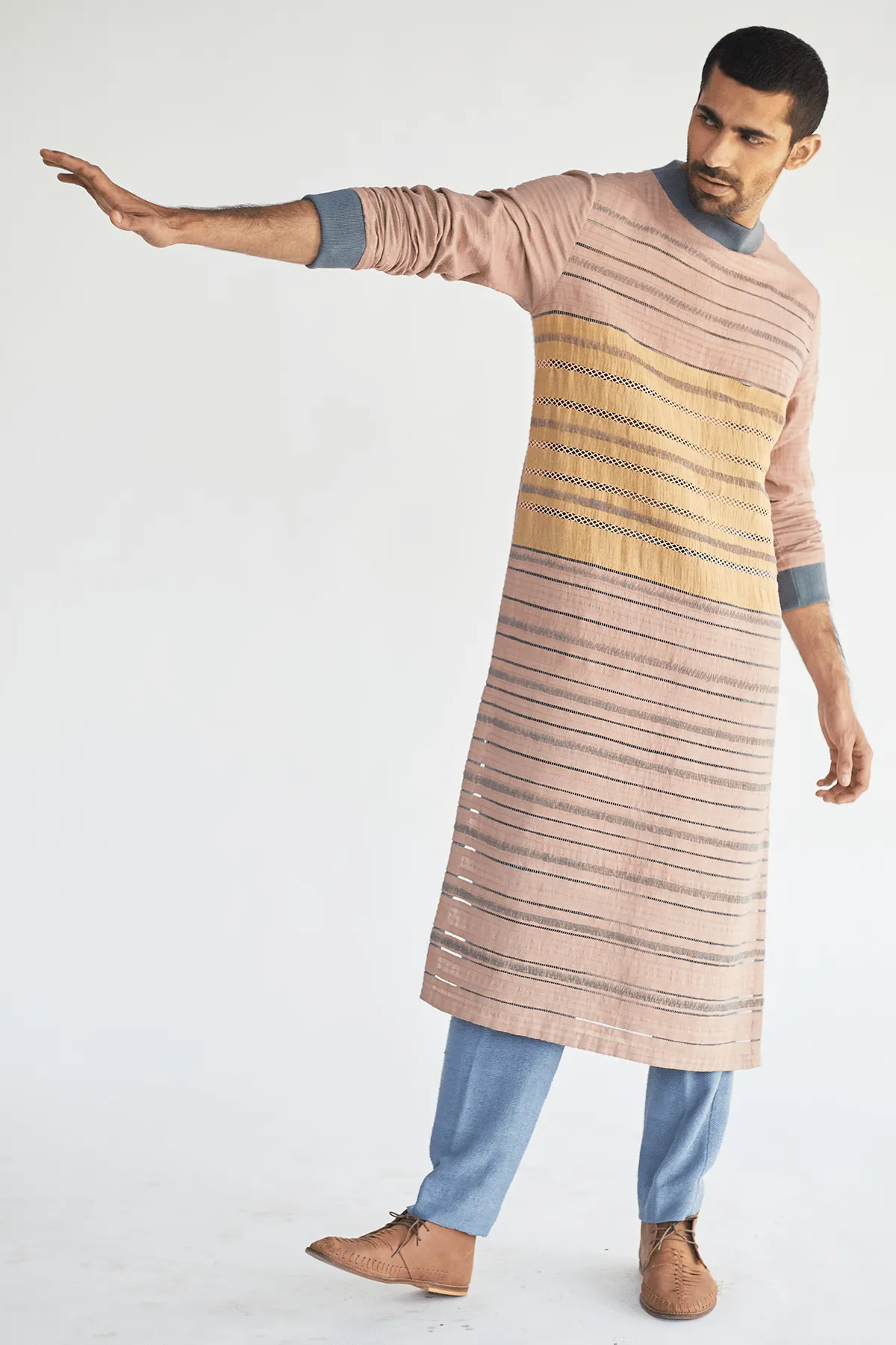 Long Jacket with Textured Kurta and Jute Trouser