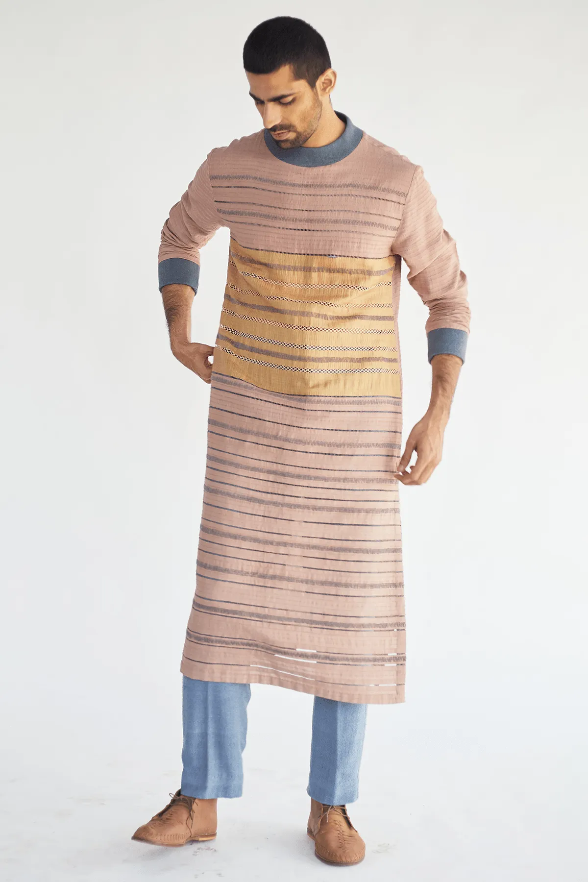 Long Jacket with Textured Kurta and Jute Trouser