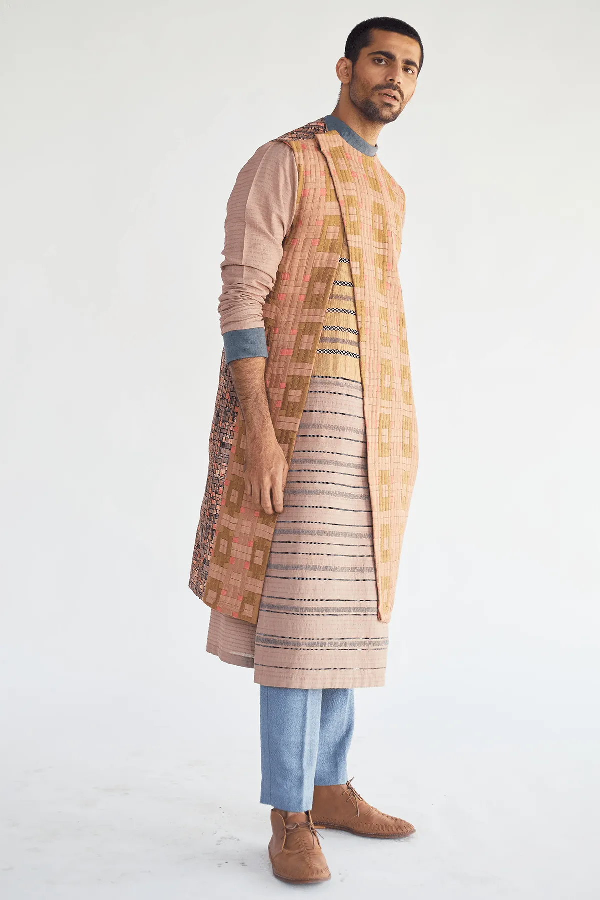 Long Jacket with Textured Kurta and Jute Trouser