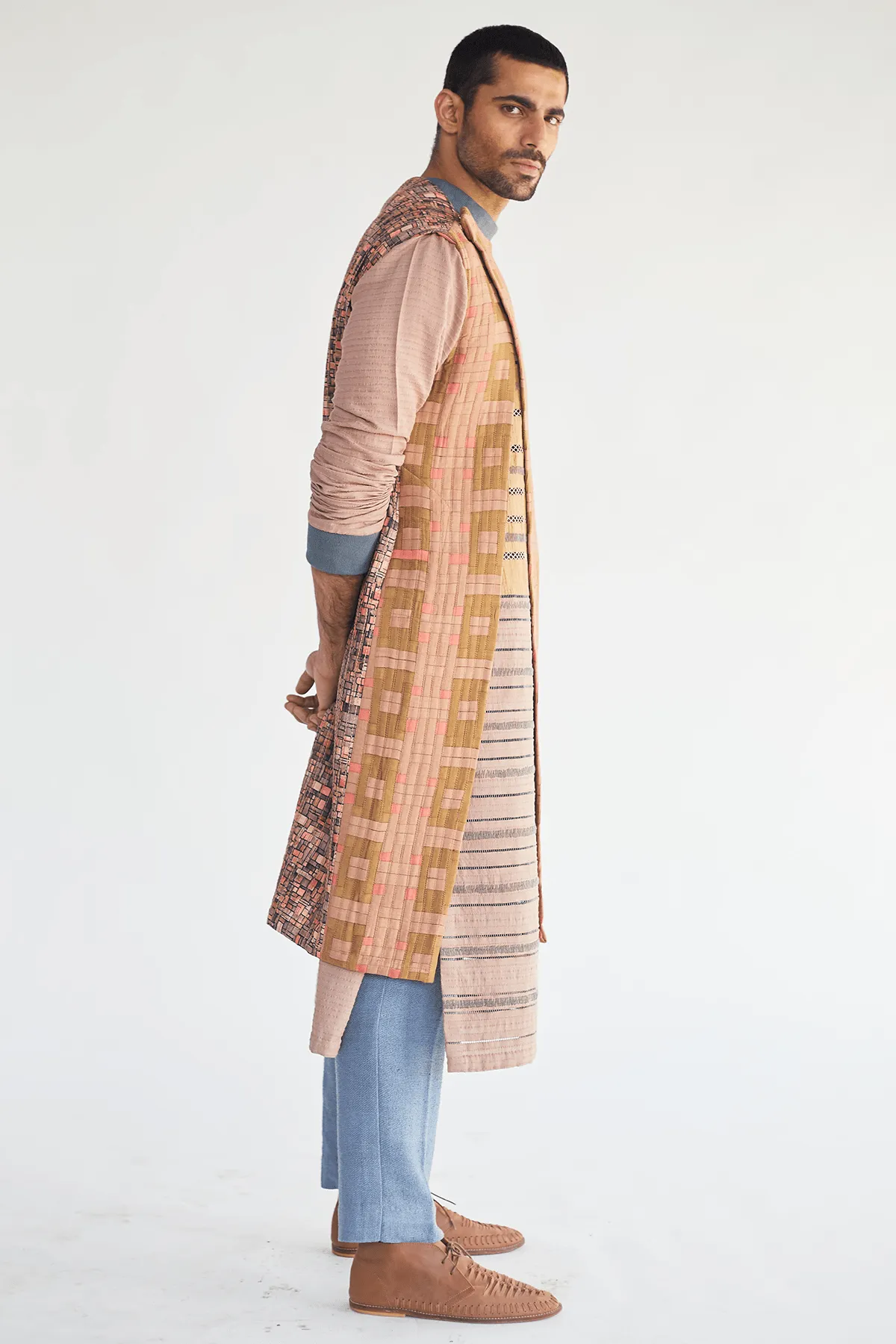 Long Jacket with Textured Kurta and Jute Trouser