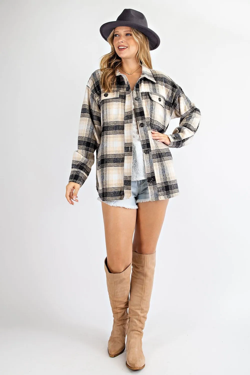 Loose fit plaid print shirt jacket (shacket)