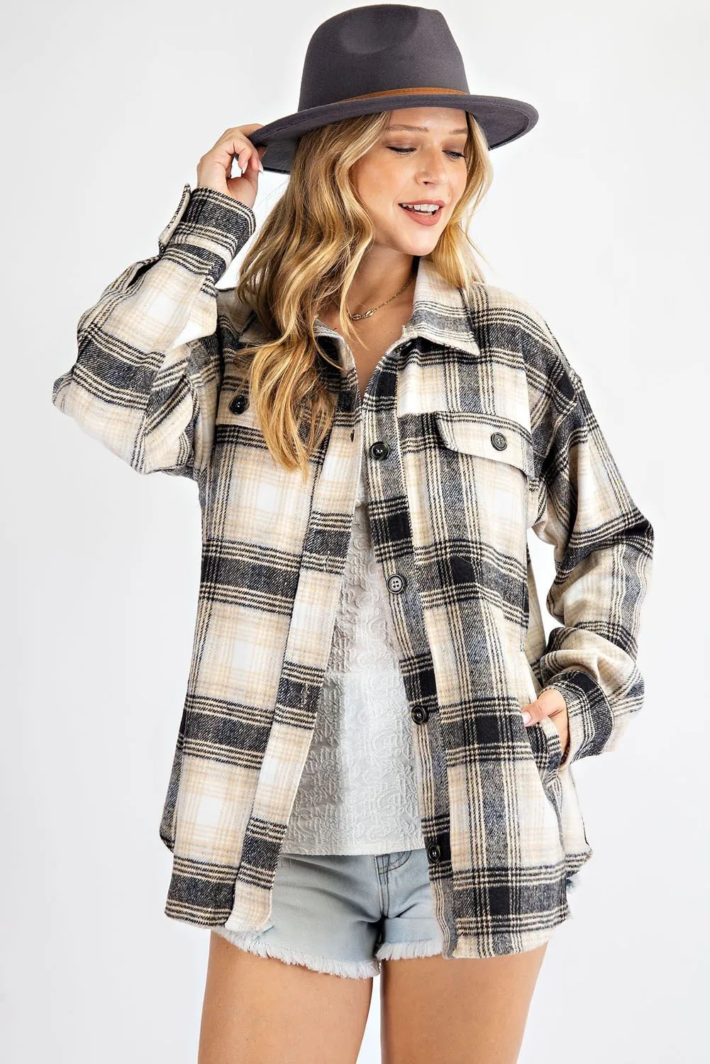 Loose fit plaid print shirt jacket (shacket)