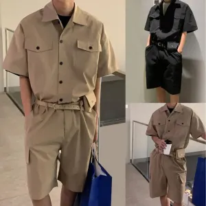 Male Fashion with Leather Belt Bag Men Cargo Overalls Streetwear Korean Rompers Pockets Short Sleeve Button Jumpsuits Women Men