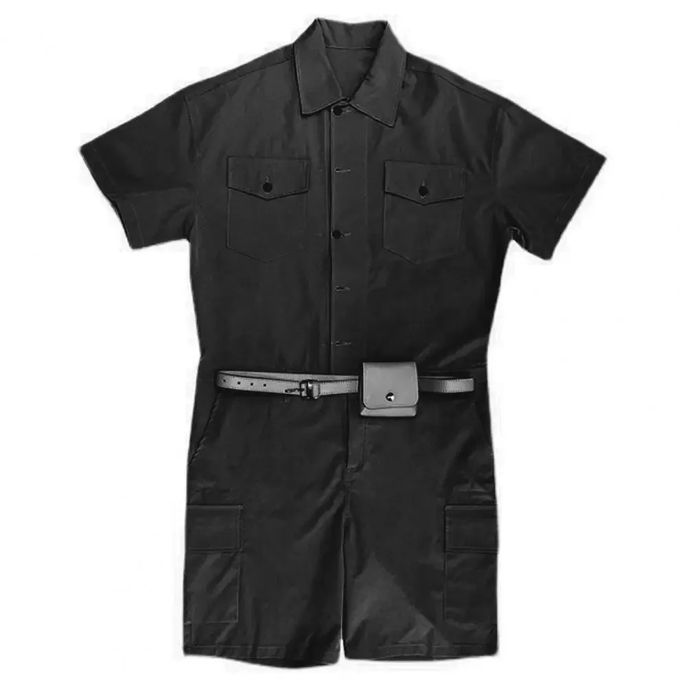 Male Fashion with Leather Belt Bag Men Cargo Overalls Streetwear Korean Rompers Pockets Short Sleeve Button Jumpsuits Women Men