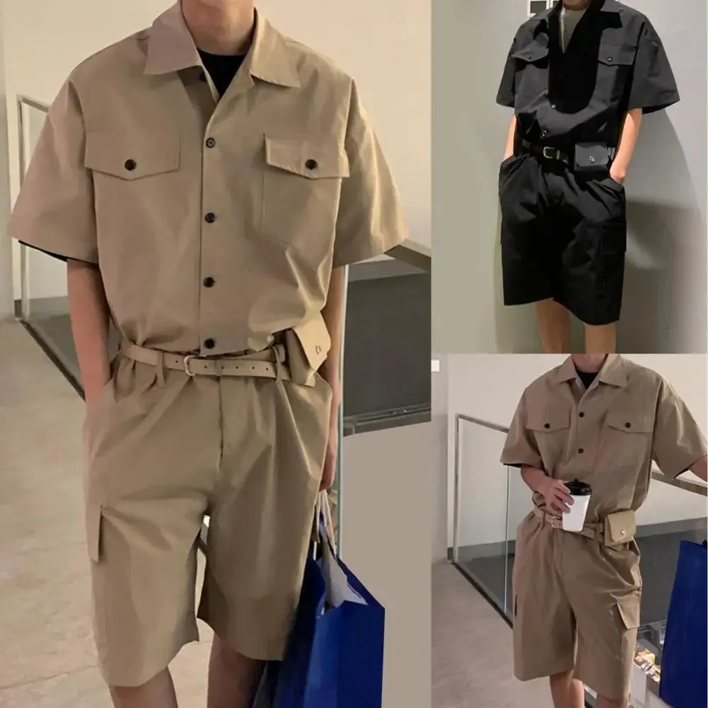 Male Fashion with Leather Belt Bag Men Cargo Overalls Streetwear Korean Rompers Pockets Short Sleeve Button Jumpsuits Women Men