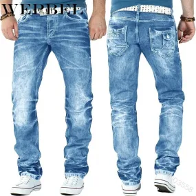 Mandylandy Men's Fashion Jeans Ripped Jeans Slim Fit Denim Pleated Jeans Male Straight Retro Tide Pants Jeans for Men