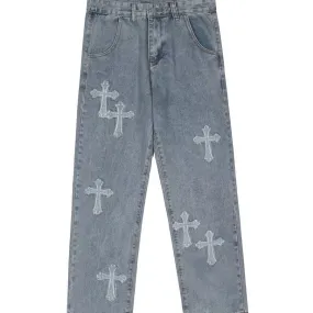 Men Jeans street cross embroidery hip-hop tide brand straight loose wide-leg pants