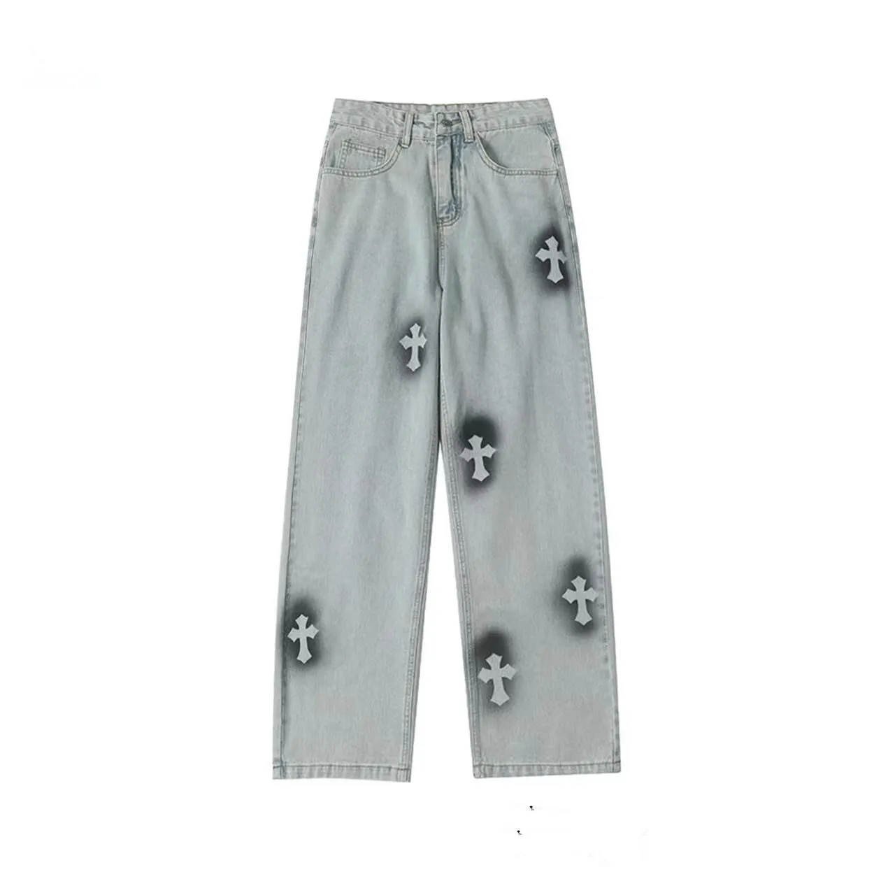 Men Jeans street cross embroidery hip-hop tide brand straight loose wide-leg pants