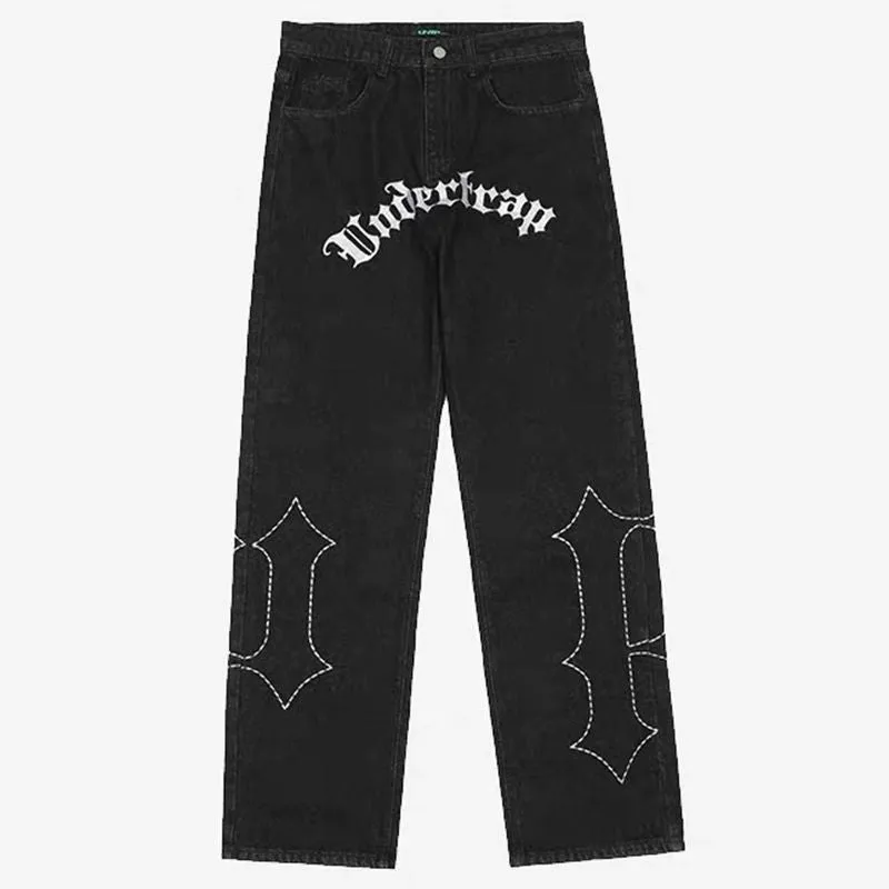 Men Jeans street cross embroidery hip-hop tide brand straight loose wide-leg pants