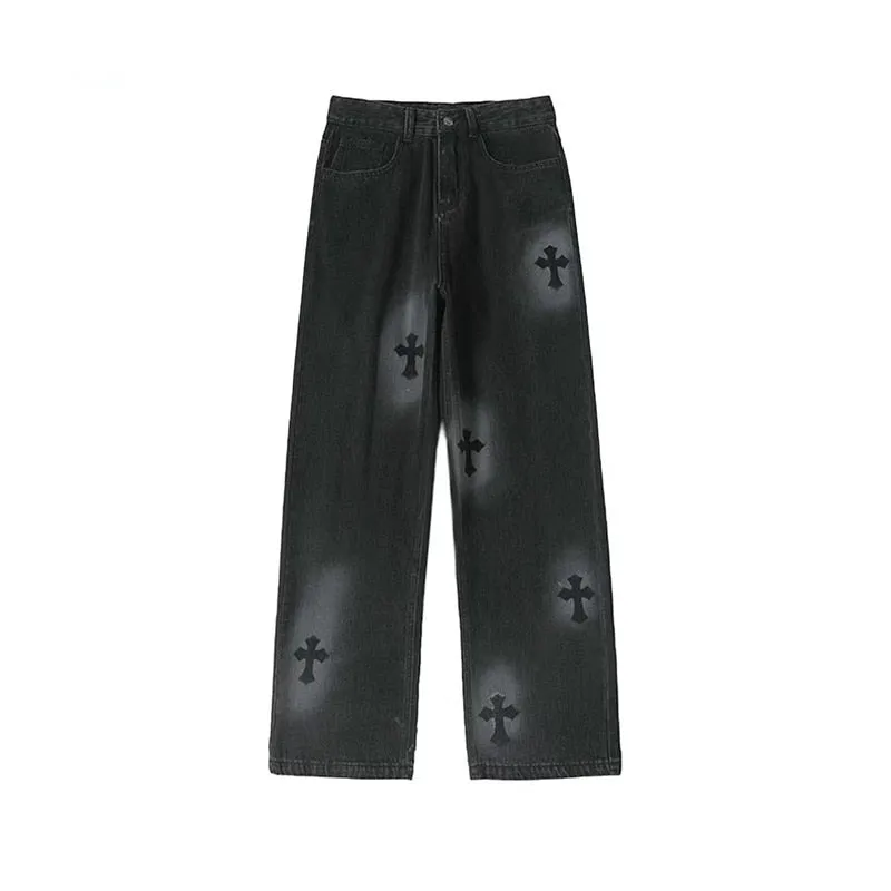 Men Jeans street cross embroidery hip-hop tide brand straight loose wide-leg pants