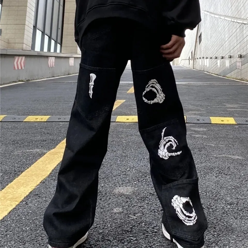 Men Jeans street cross embroidery hip-hop tide brand straight loose wide-leg pants