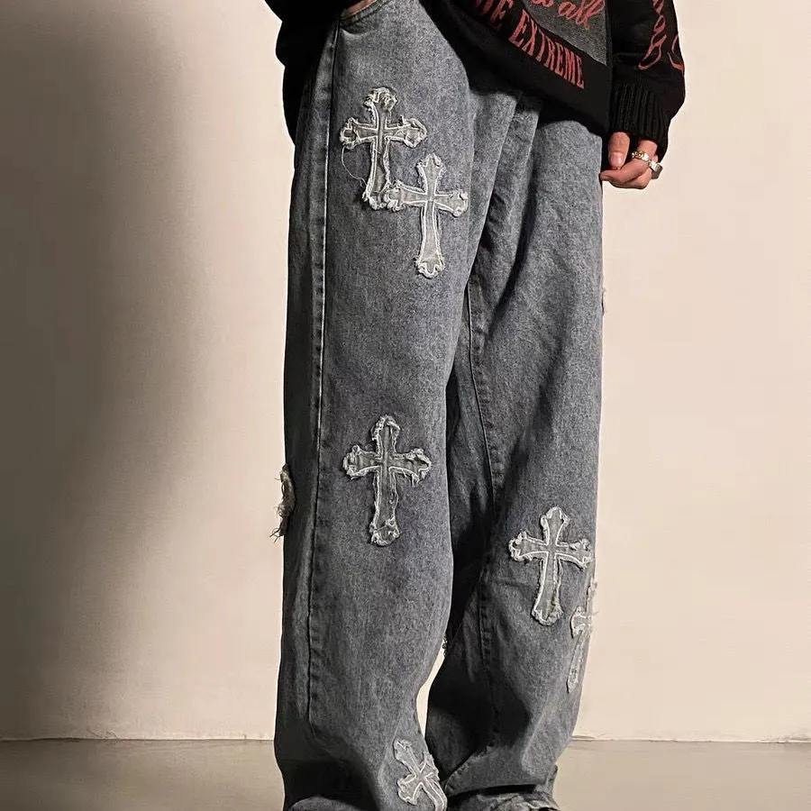 Men Jeans street cross embroidery hip-hop tide brand straight loose wide-leg pants