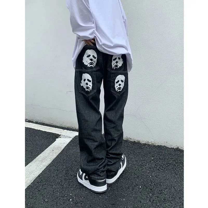 Men Jeans street cross embroidery hip-hop tide brand straight loose wide-leg pants