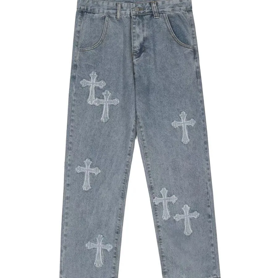 Men Jeans street cross embroidery hip-hop tide brand straight loose wide-leg pants