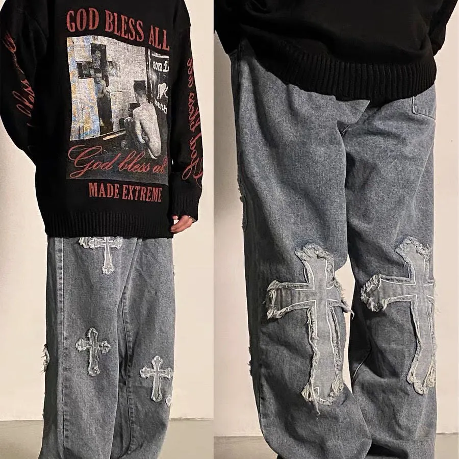 Men Jeans street cross embroidery hip-hop tide brand straight loose wide-leg pants