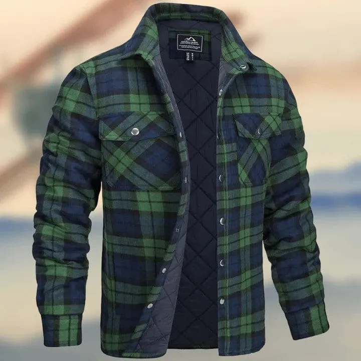 Men Plaid Print Flap Pocket Snap Button Thermal Jacket