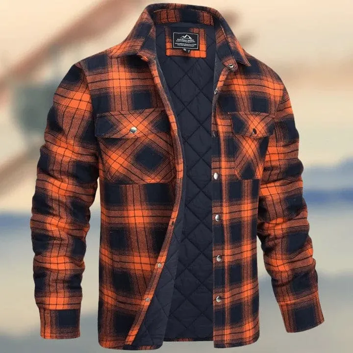 Men Plaid Print Flap Pocket Snap Button Thermal Jacket