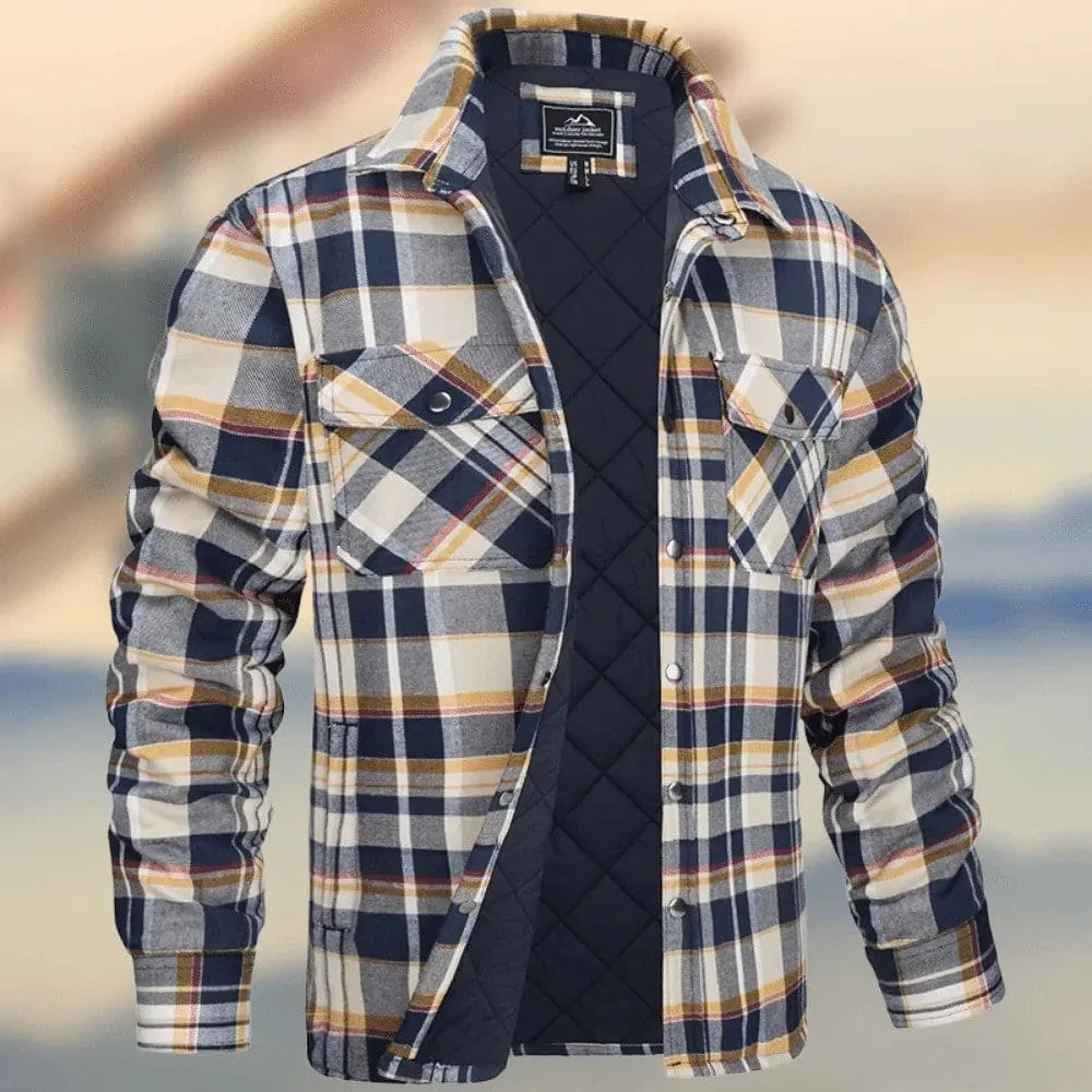 Men Plaid Print Flap Pocket Snap Button Thermal Jacket