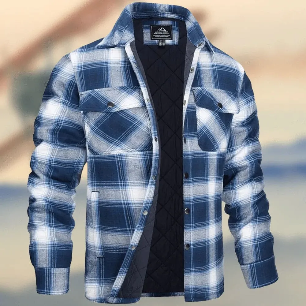 Men Plaid Print Flap Pocket Snap Button Thermal Jacket