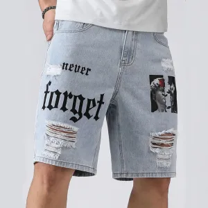 Men Summer Stretchy Denim Shorts Jeans For Men Streetwear Letter Ripped Knee length Baggy Comfort Cargo Casual Shorts Pants Jean