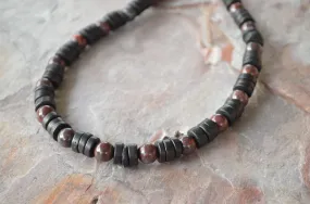 Mens Black Brown Wood Jasper Beaded Surfer Long Necklace - Mason