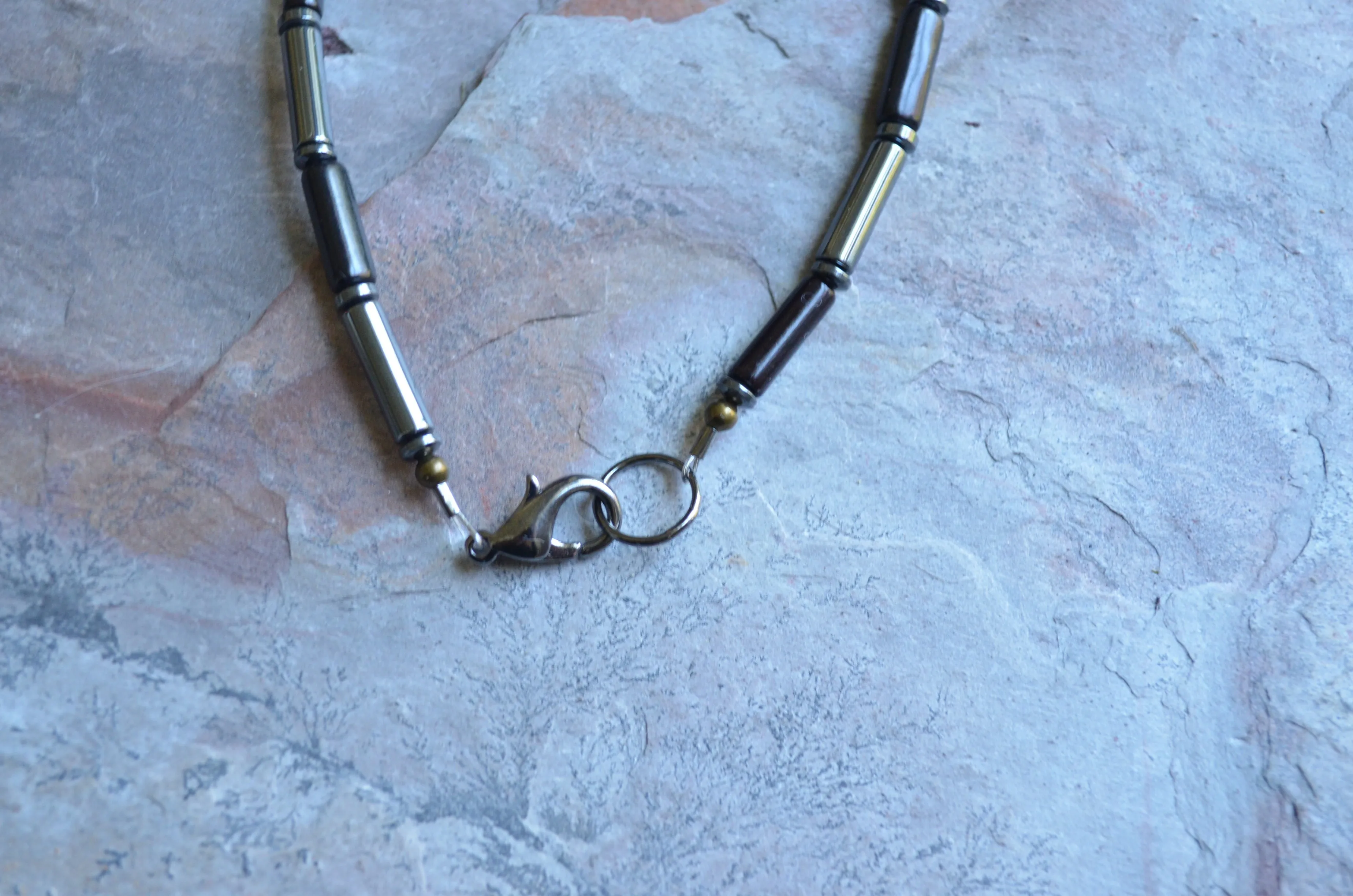 Mens Black Gray Hematite Magnesite Beaded Long Choker Necklace - Wyatt