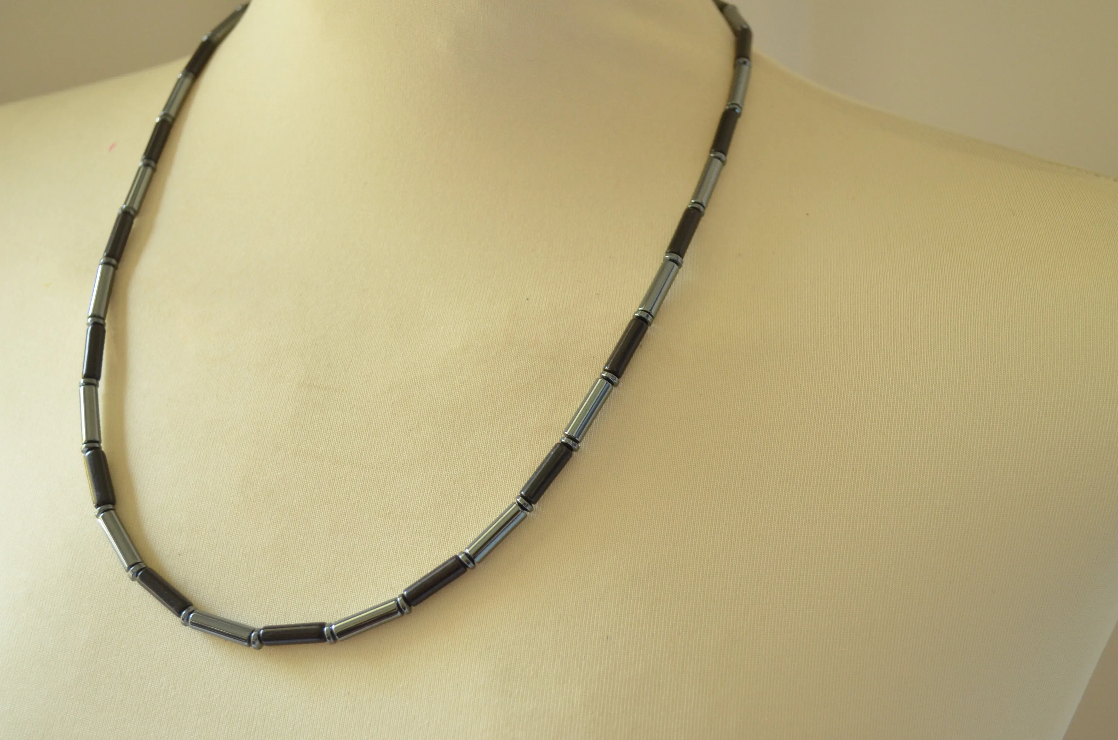 Mens Black Gray Hematite Magnesite Beaded Long Choker Necklace - Wyatt