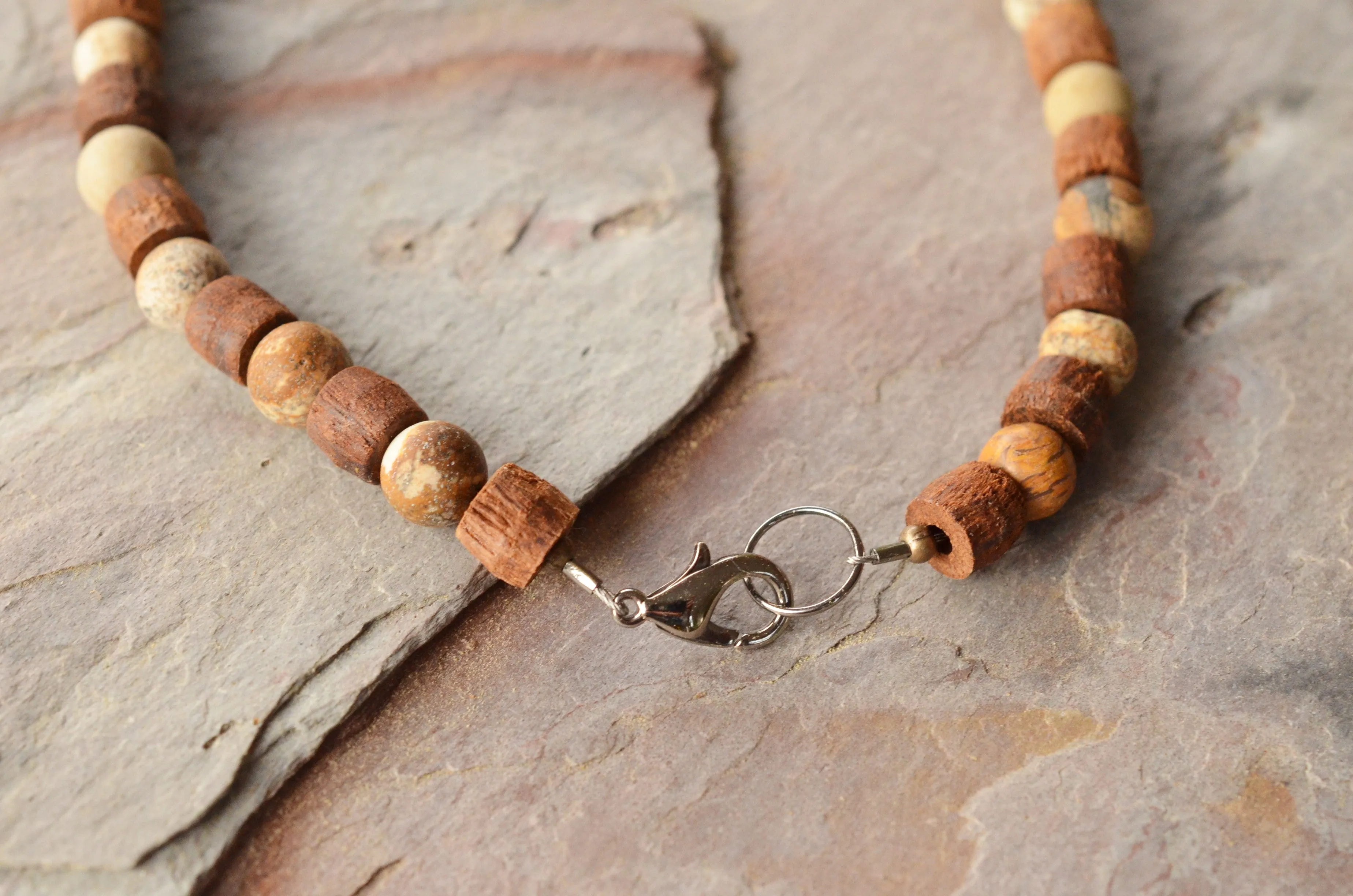 Mens Fishing Hook Wood Beaded Pendant Jasper Stone Necklace - Angler