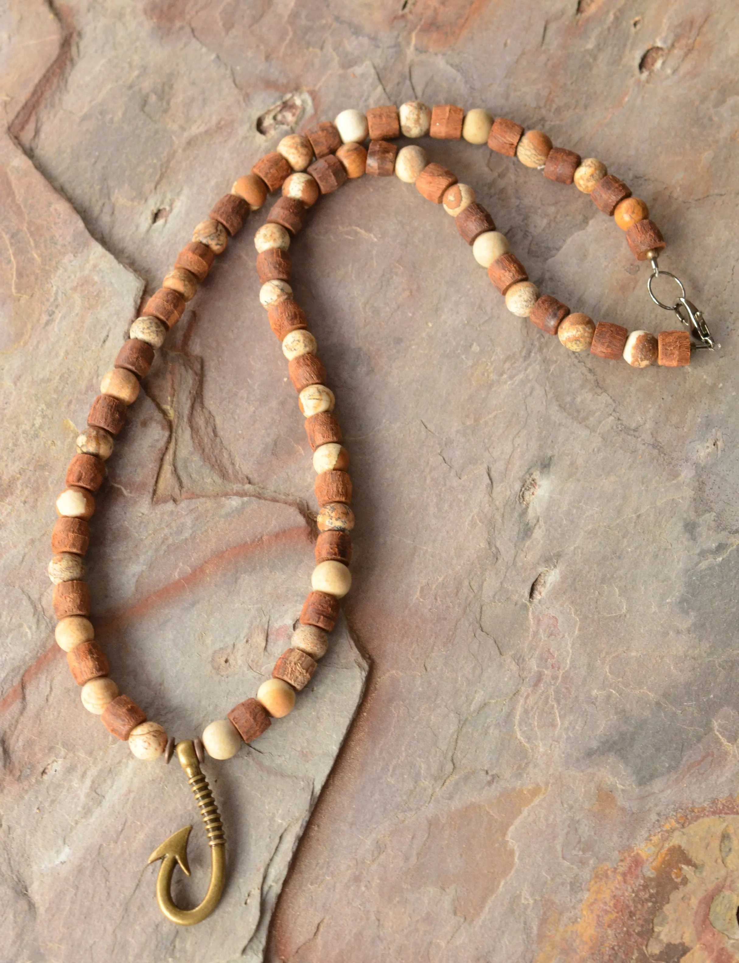 Mens Fishing Hook Wood Beaded Pendant Jasper Stone Necklace - Angler