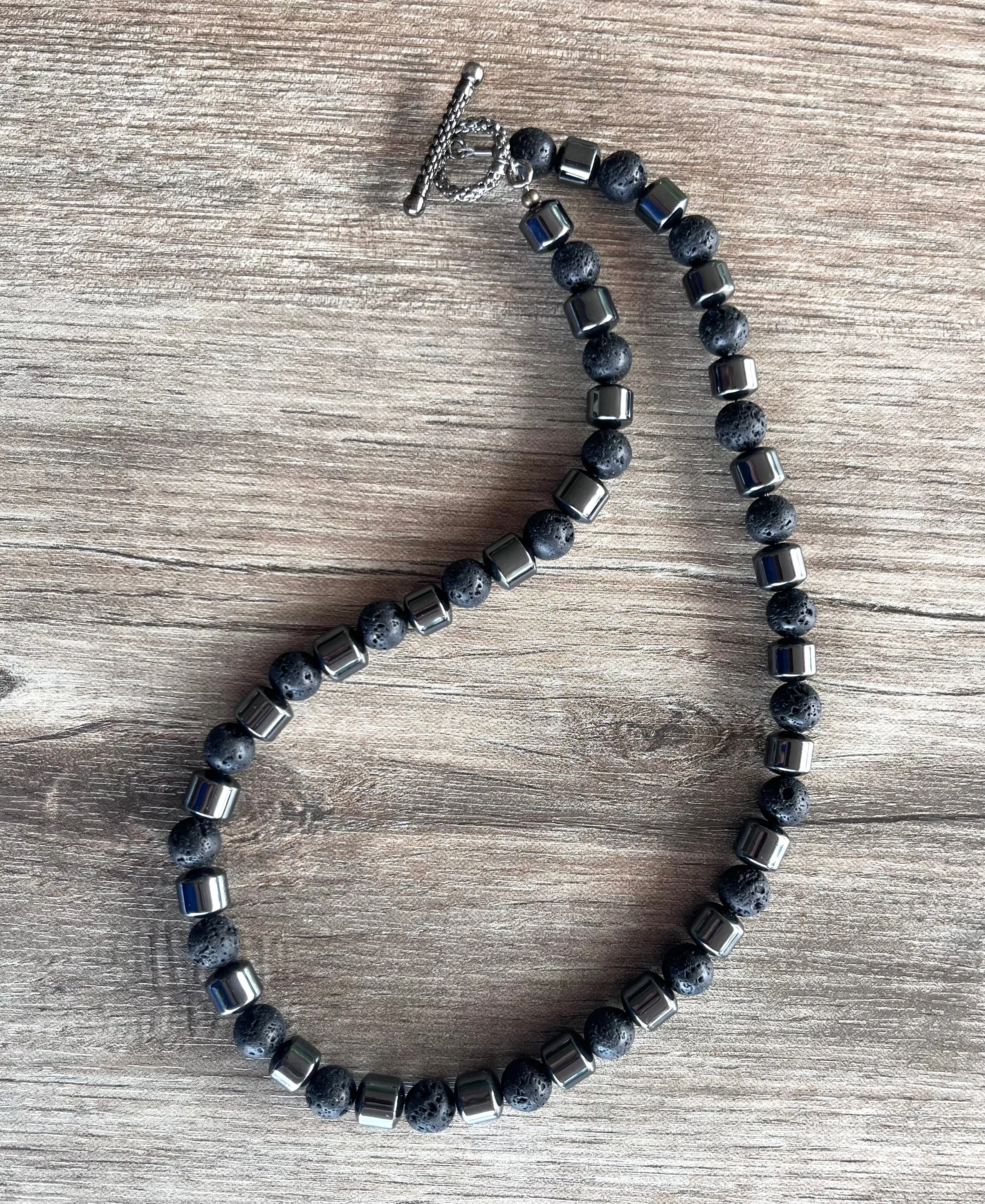 Mens Gray Black Lava Rock Hematite Beaded Necklace - Jordan