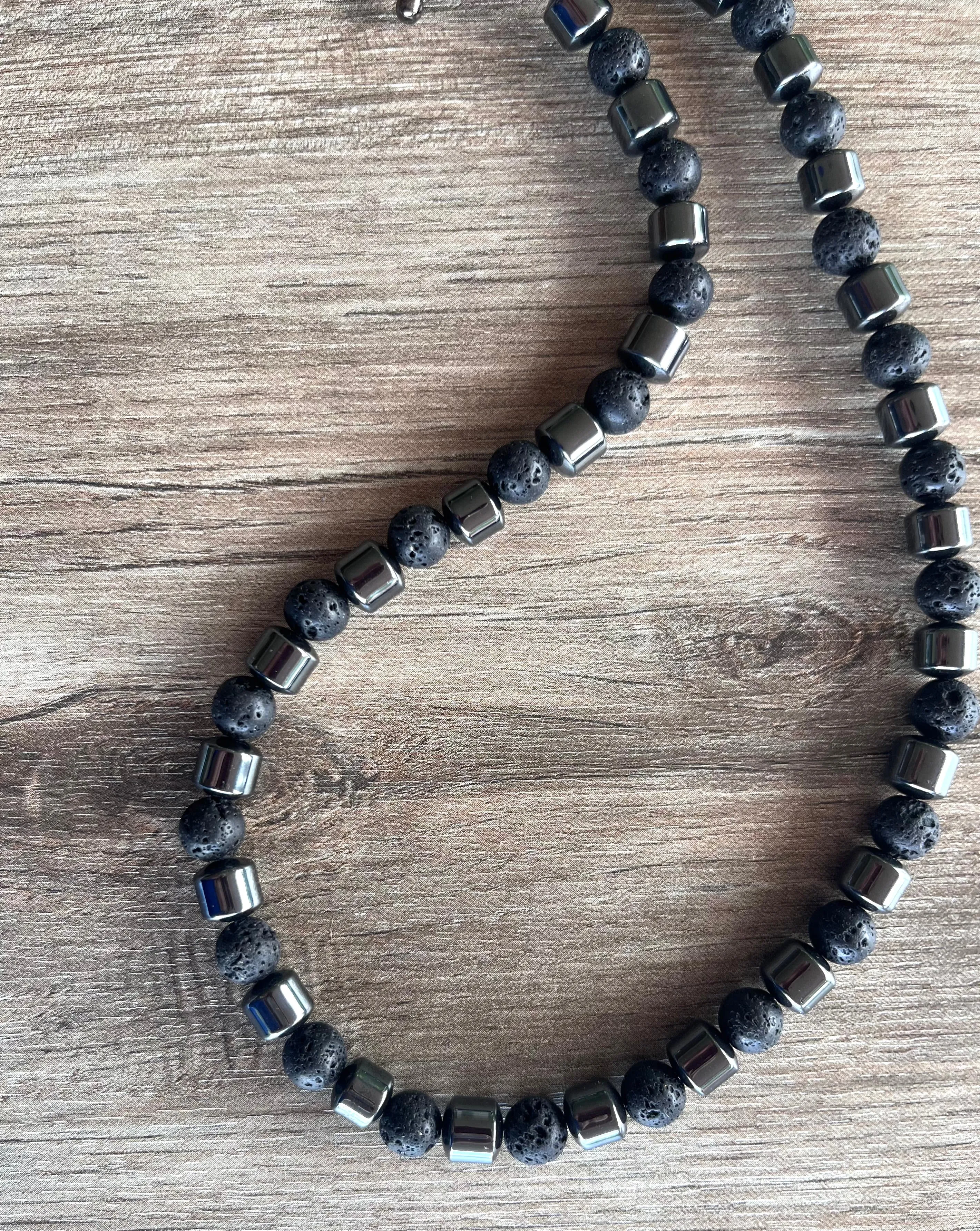 Mens Gray Black Lava Rock Hematite Beaded Necklace - Jordan