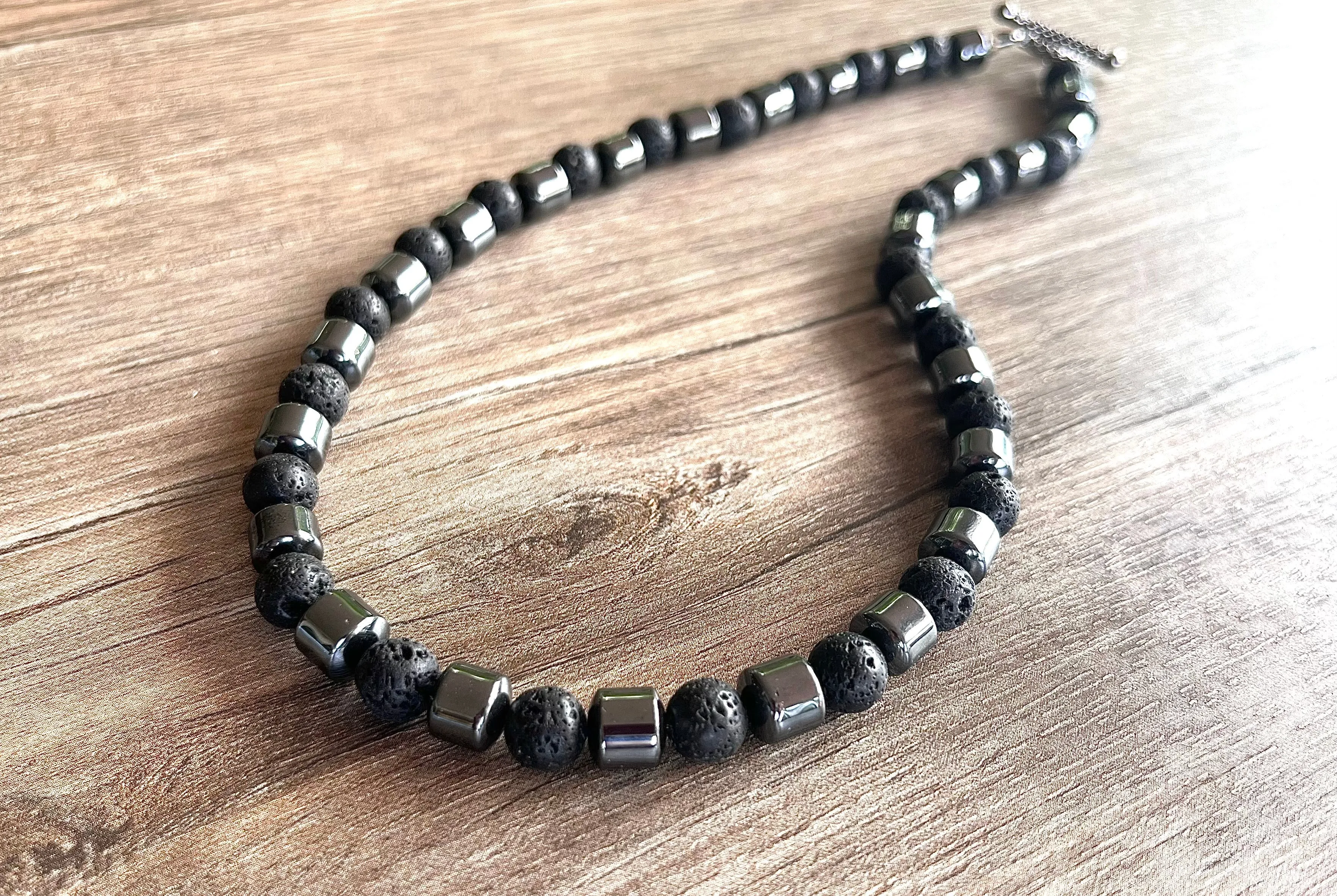 Mens Gray Black Lava Rock Hematite Beaded Necklace - Jordan