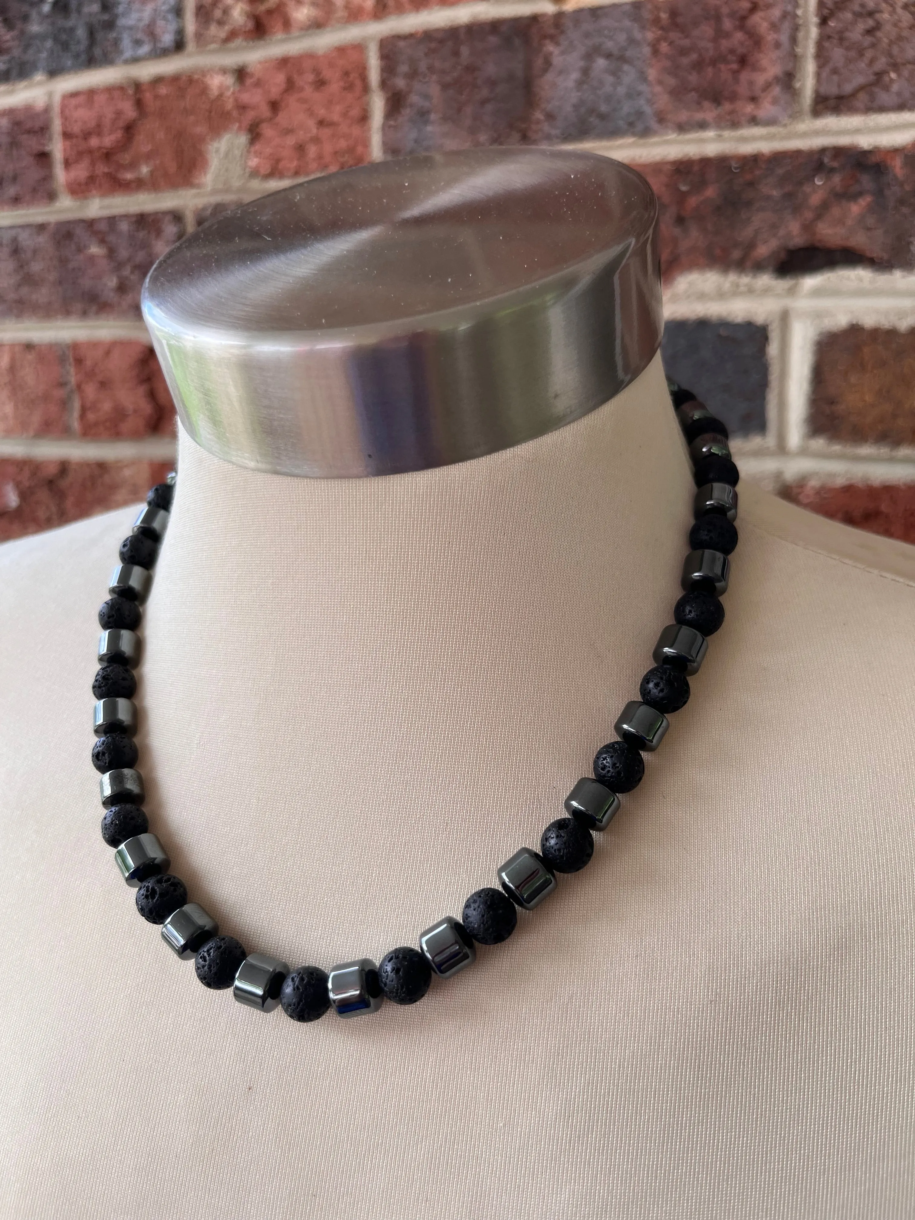 Mens Gray Black Lava Rock Hematite Beaded Necklace - Jordan