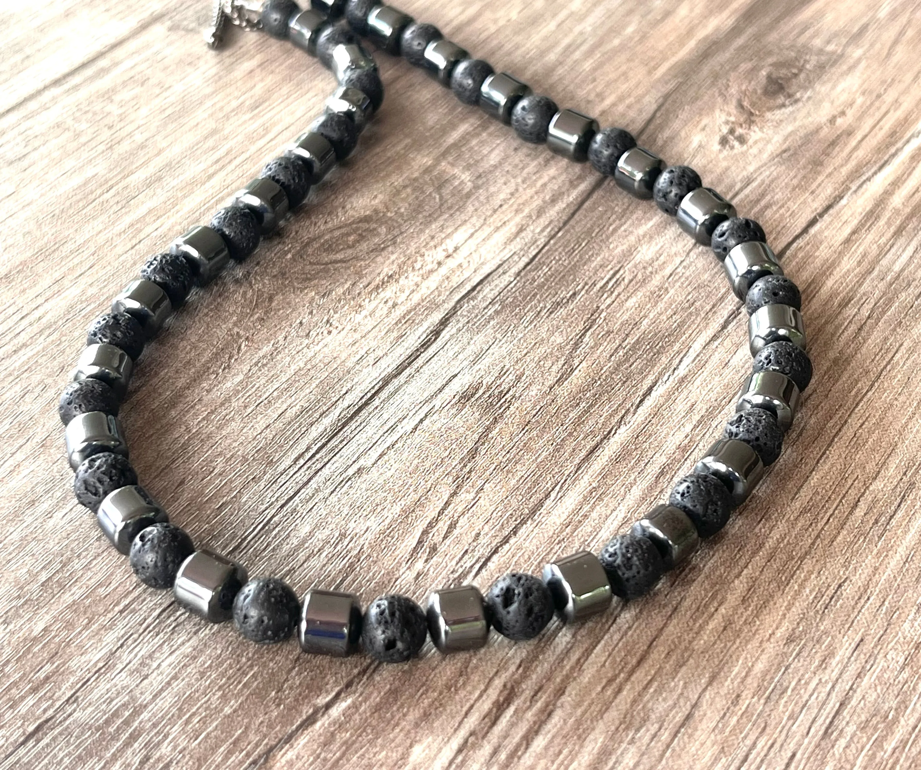 Mens Gray Black Lava Rock Hematite Beaded Necklace - Jordan