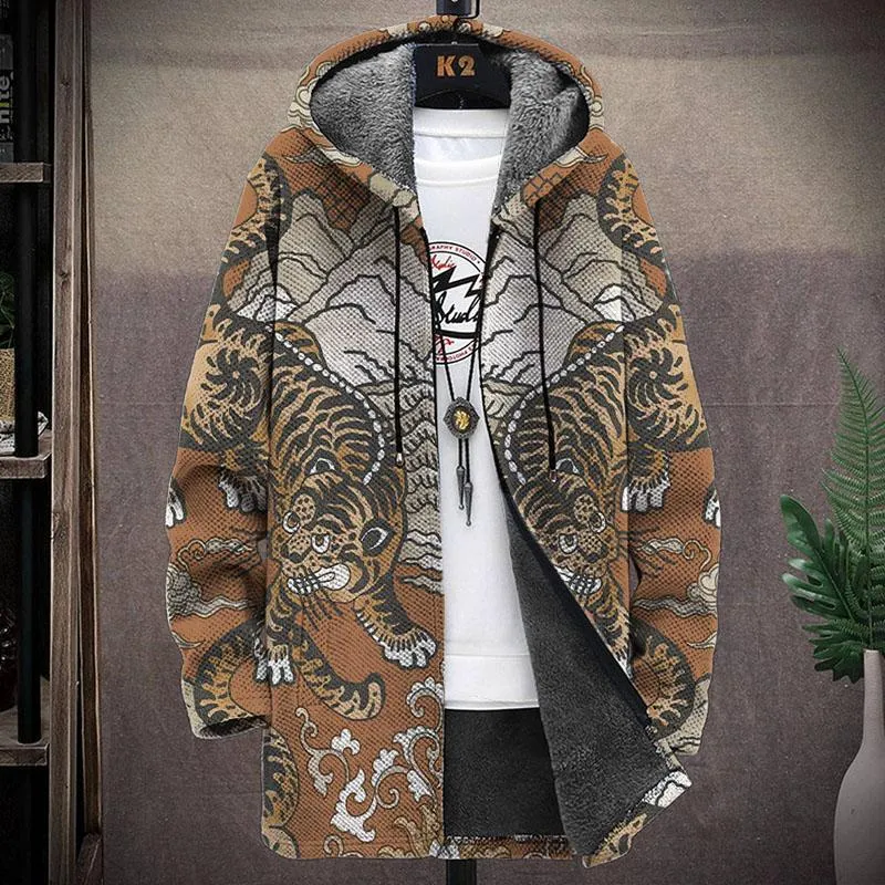 Men's Printed Hooded Two-Pocket Plush Thickened Long-Sleeved Cardigan Jacket 64168962YY