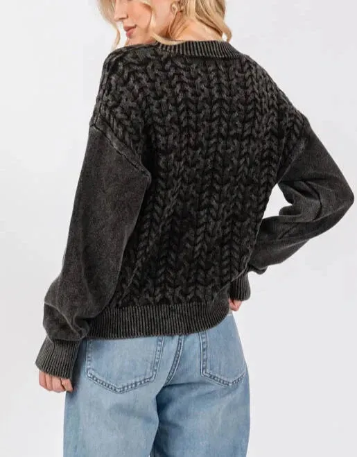 Midnight Essence Oversized Cable Knit Button Front Cardigan in Washed Black