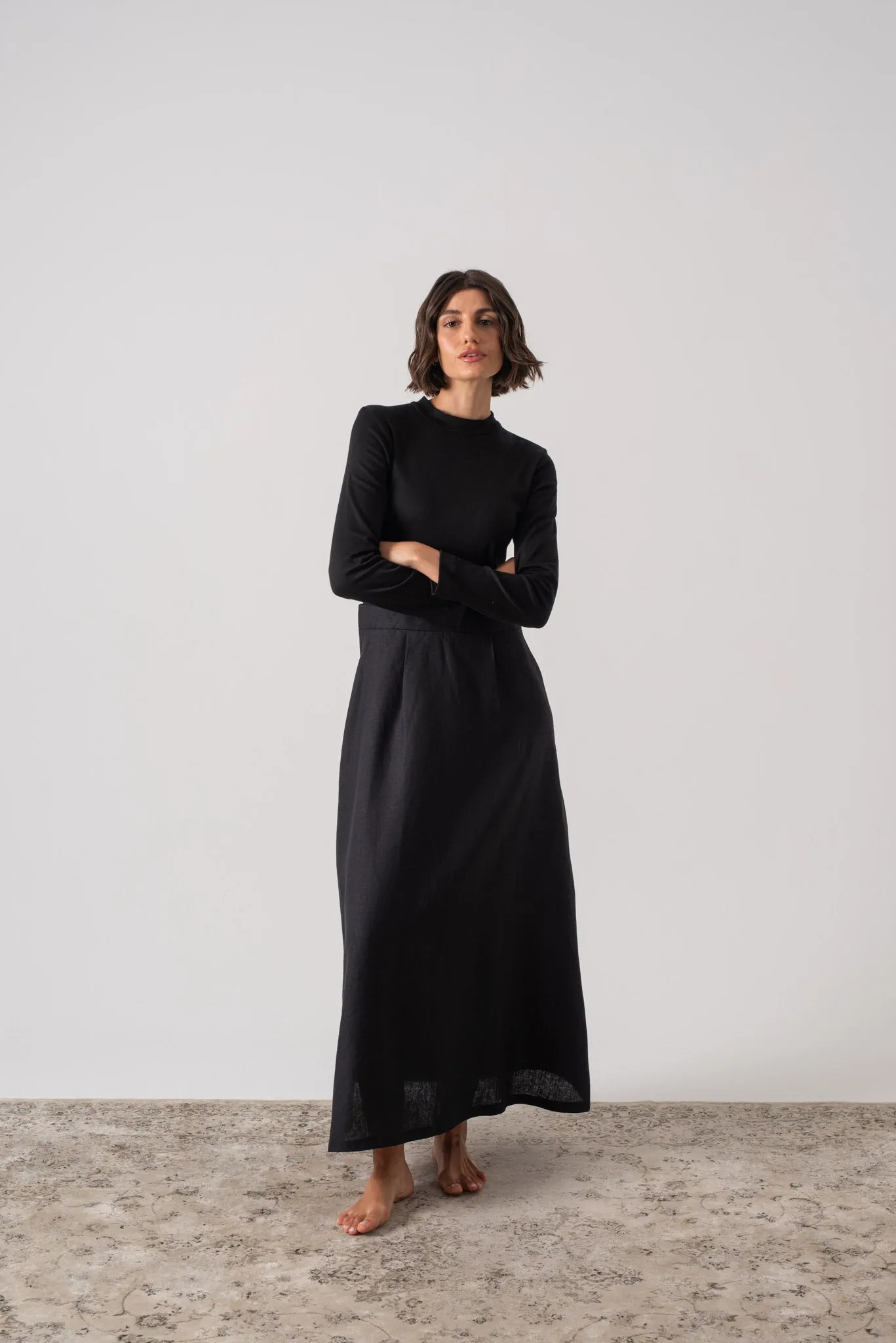 Mêlée Contrast Linen Midi Dress Black