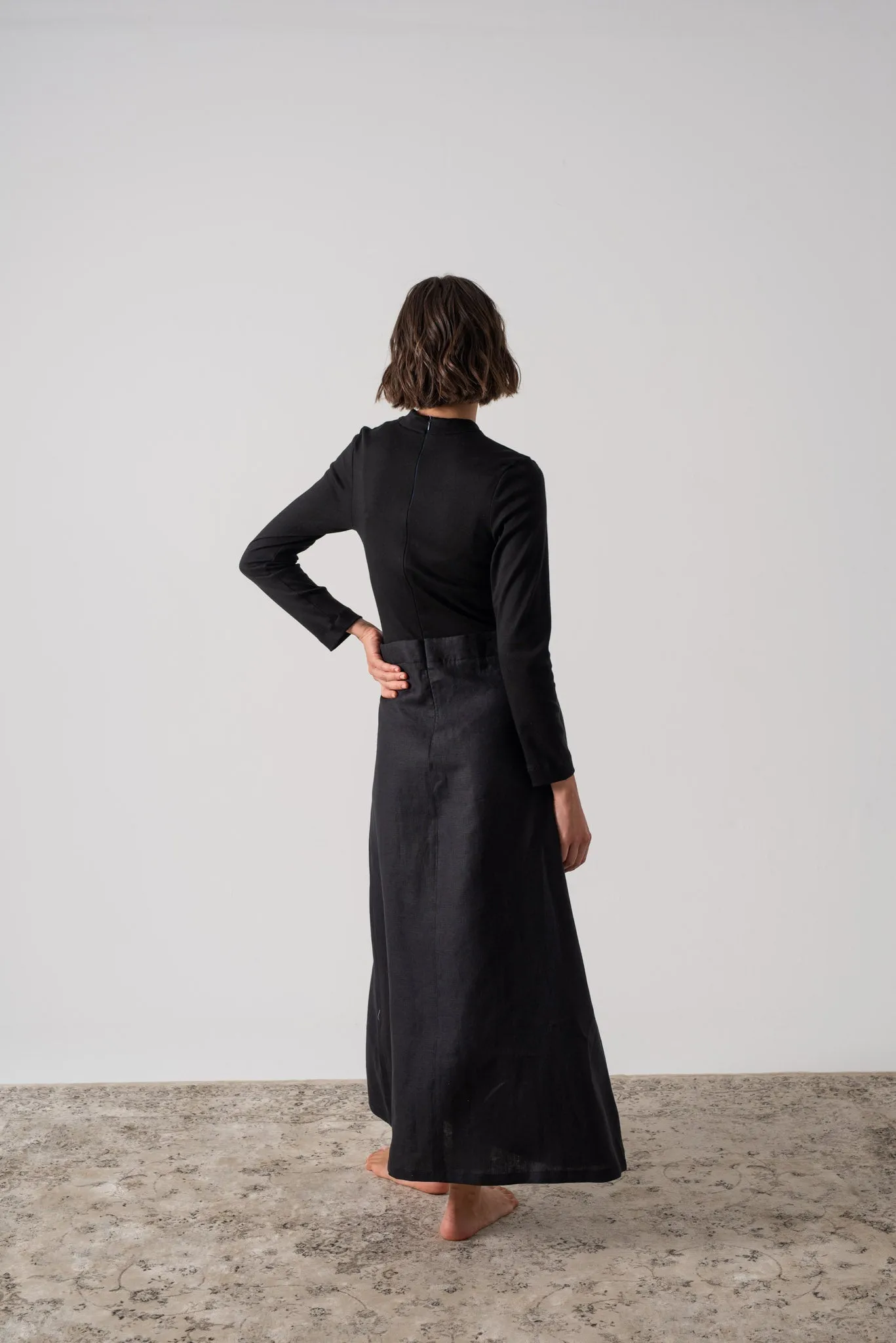 Mêlée Contrast Linen Midi Dress Black