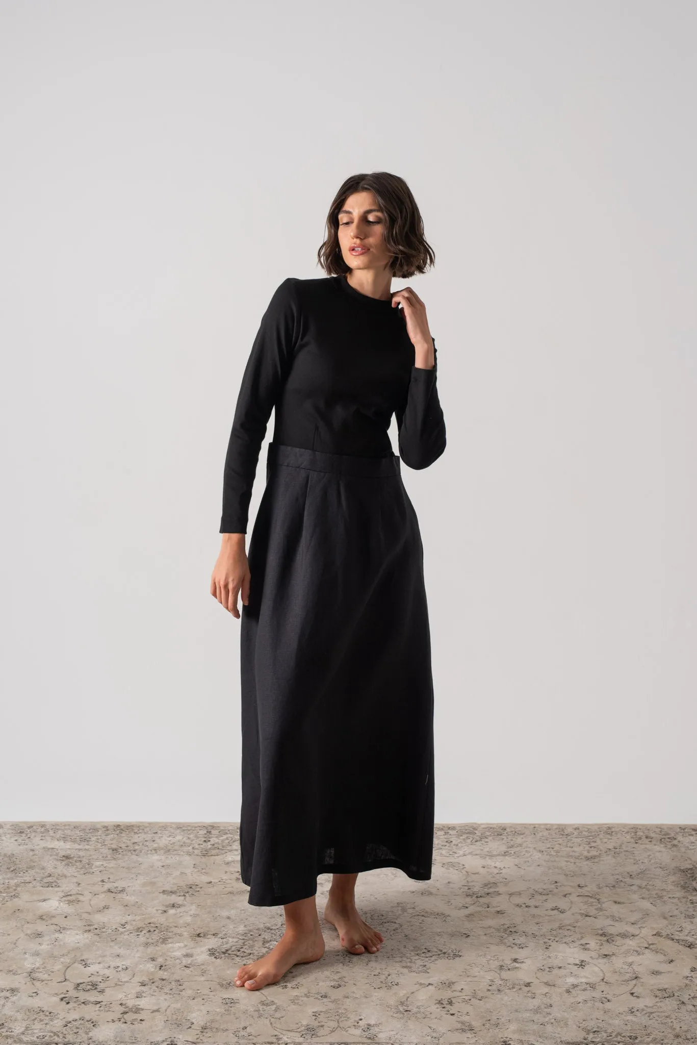 Mêlée Contrast Linen Midi Dress Black