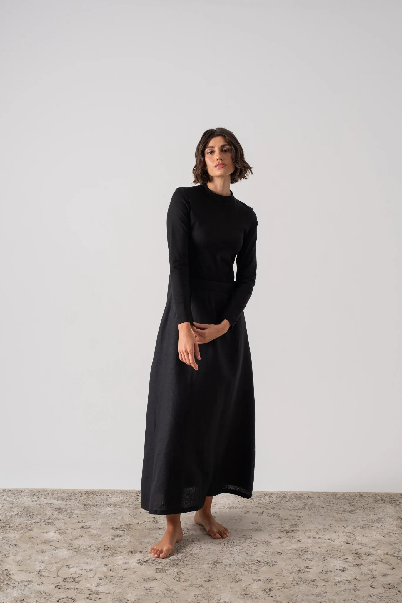 Mêlée Contrast Linen Midi Dress Black