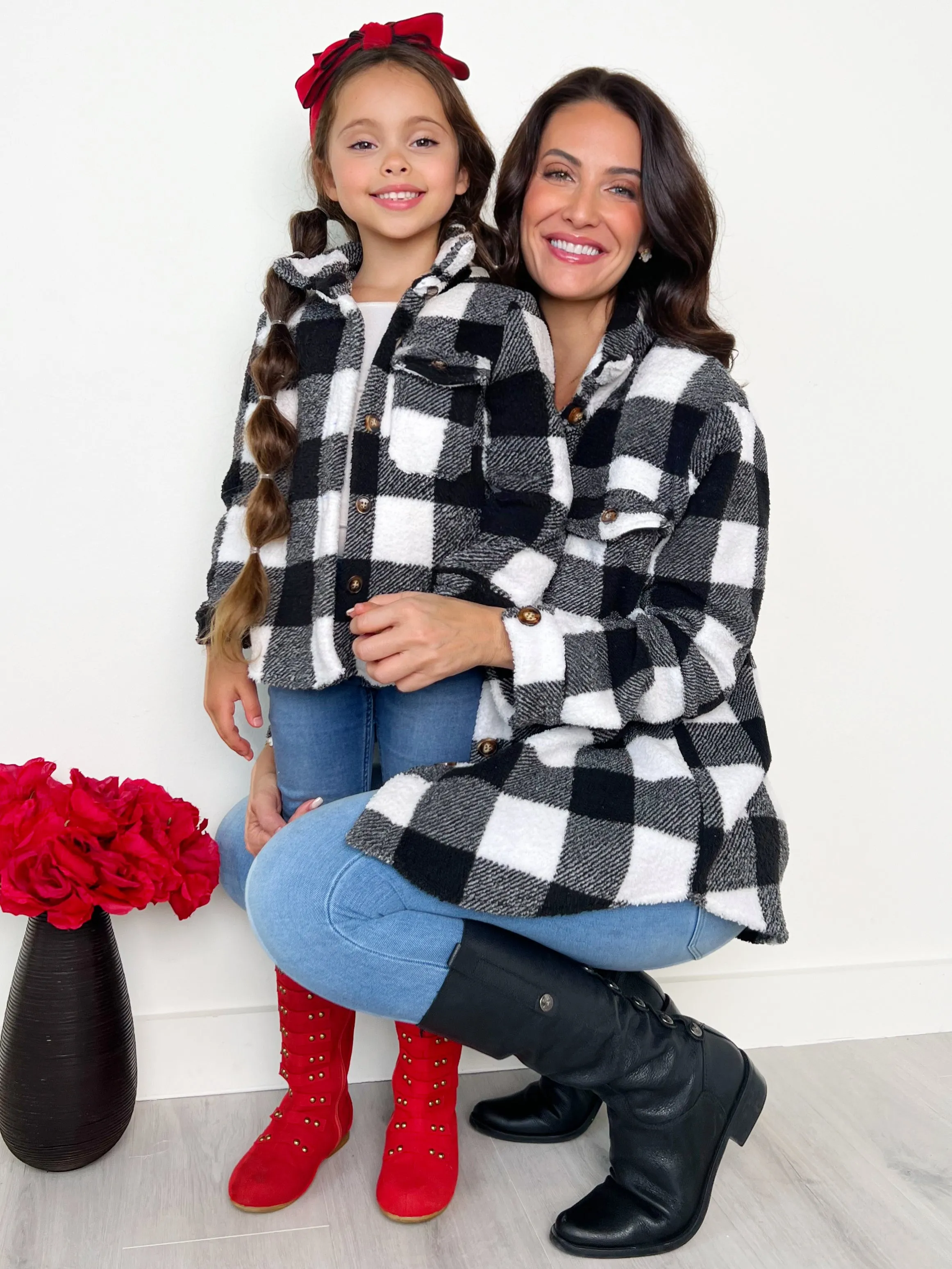 Mommy and Me Black and White Buffalo Plaid Sherpa Shacket