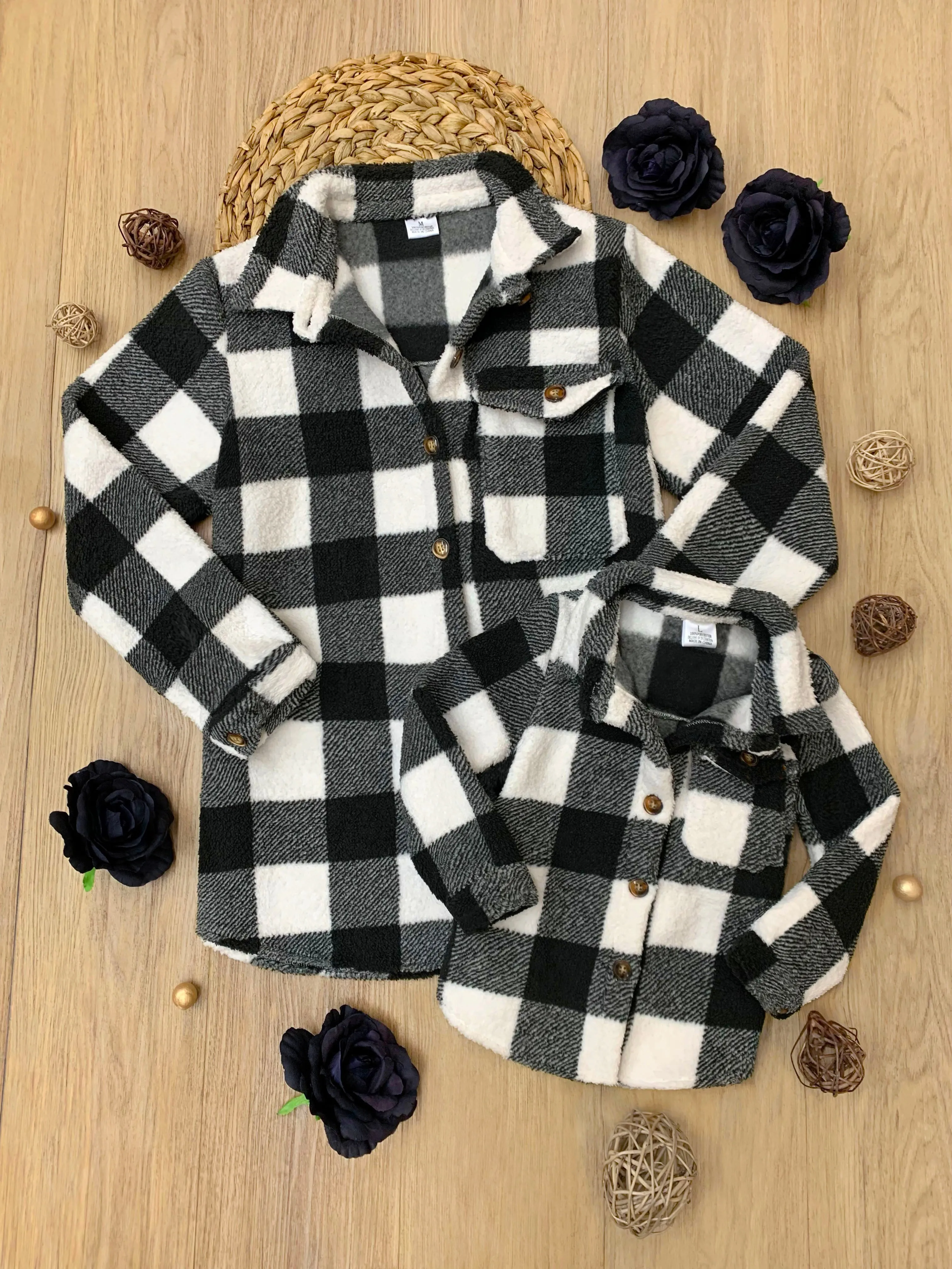 Mommy and Me Black and White Buffalo Plaid Sherpa Shacket