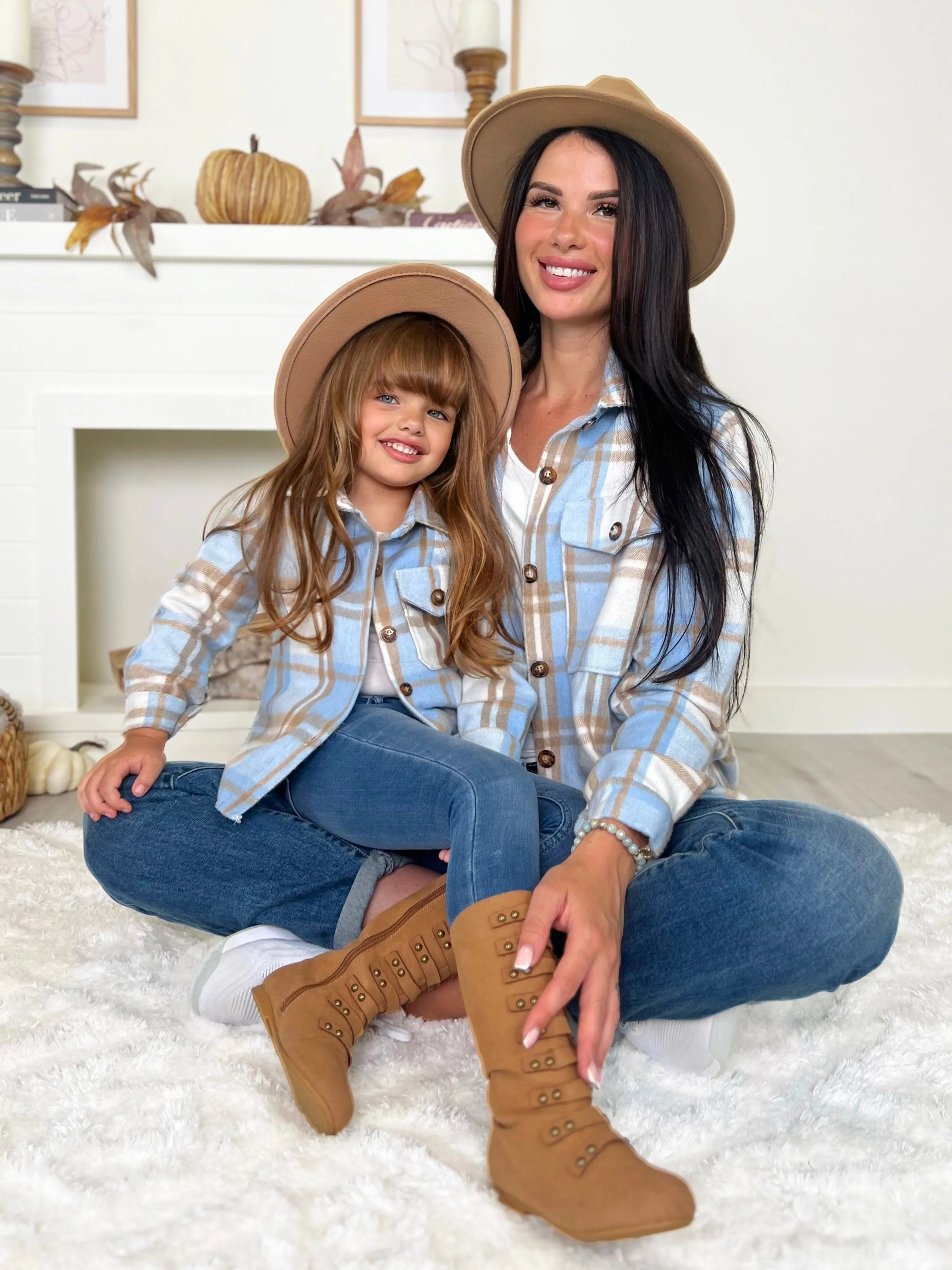 Mommy and Me Blue and Tan Plaid Flannel Shacket