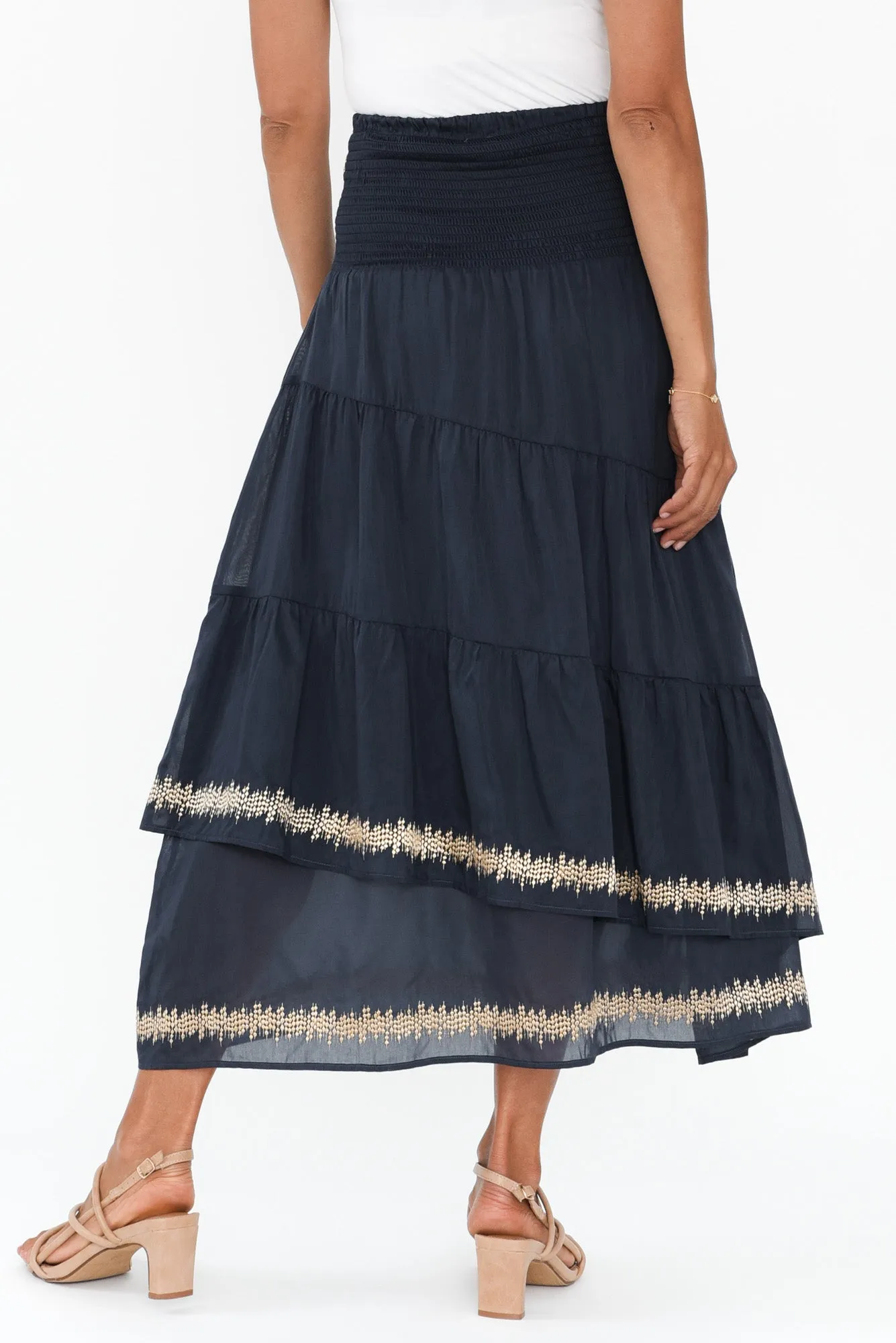 Mustique Ink Cotton Silk Tiered Skirt