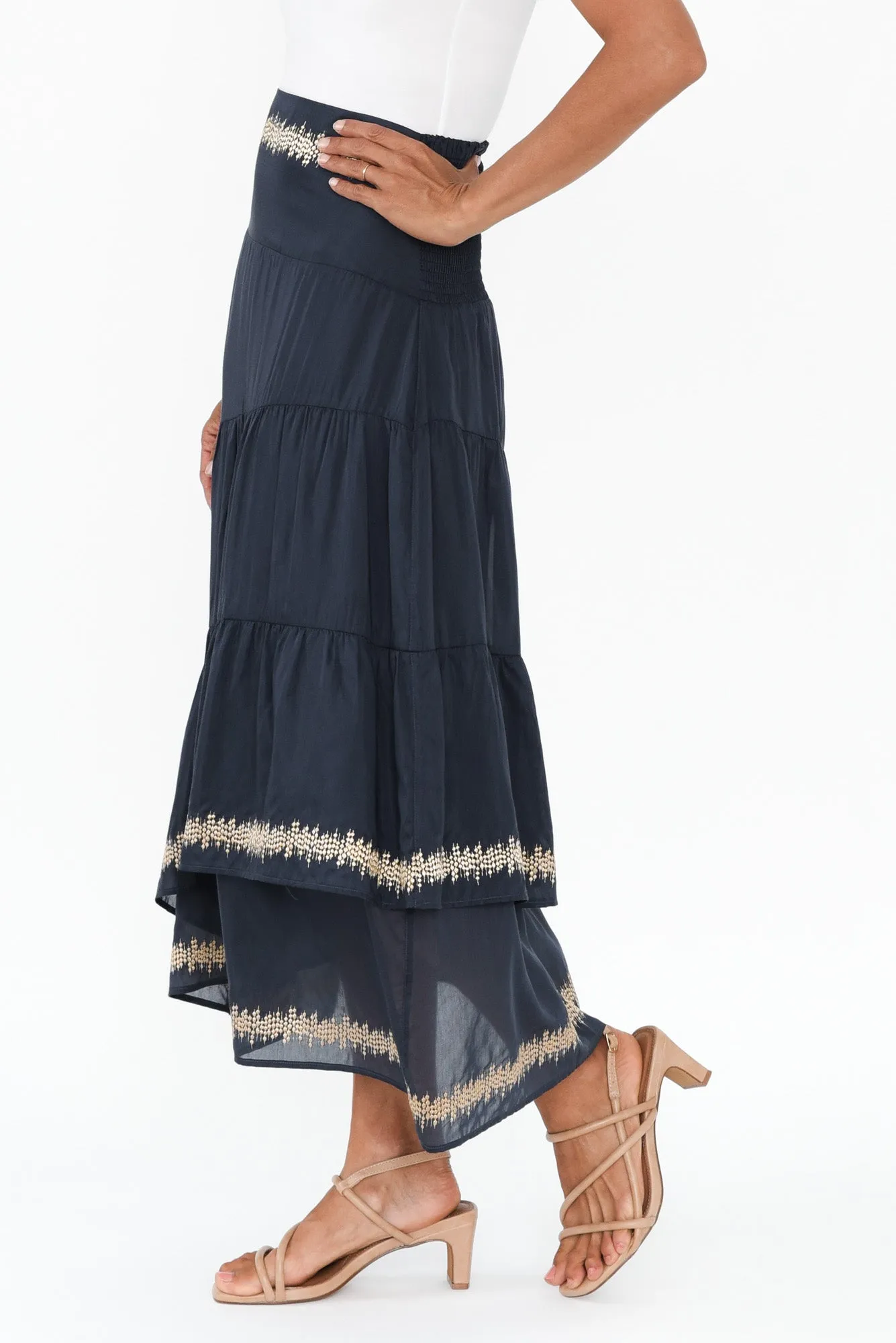 Mustique Ink Cotton Silk Tiered Skirt