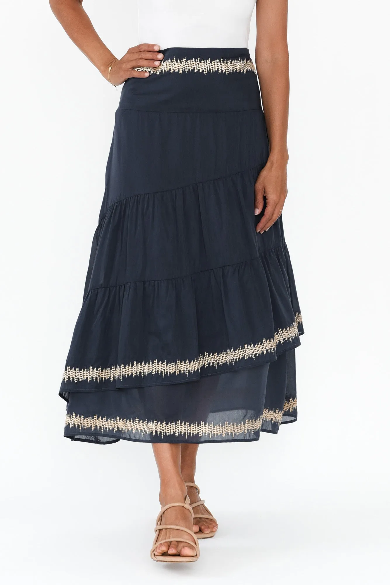 Mustique Ink Cotton Silk Tiered Skirt