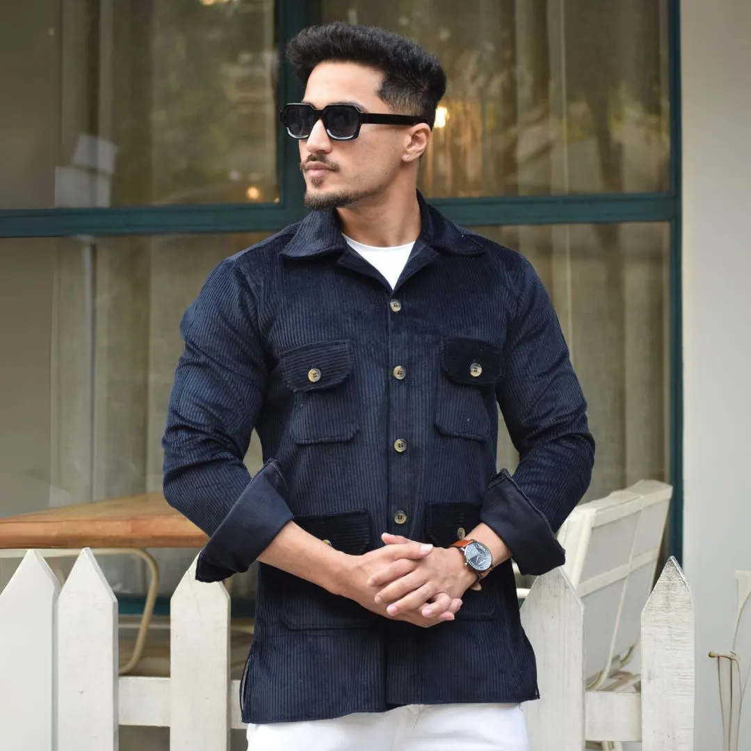 Navy Blue Corduroy Hunting Shacket for Men