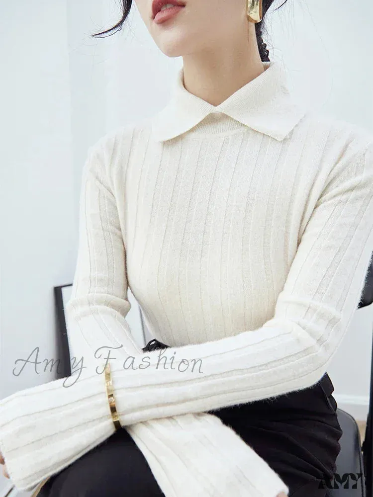 New Polo Collar Women's Knitted Long Sleeve Slim Fit Pullovers Autumn Winter Sweater