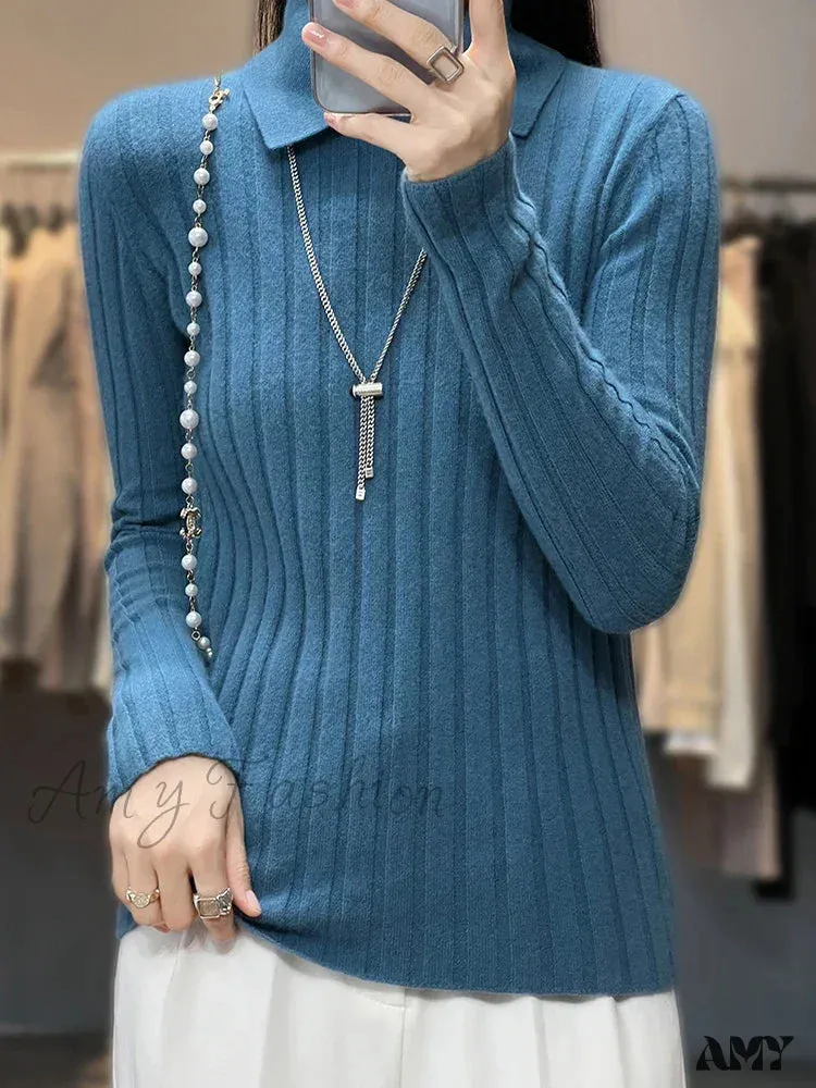 New Polo Collar Women's Knitted Long Sleeve Slim Fit Pullovers Autumn Winter Sweater